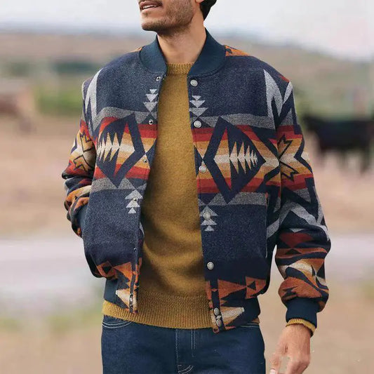 Chaqueta Cárdigan con Cuello Alto y Patrón Geométrico